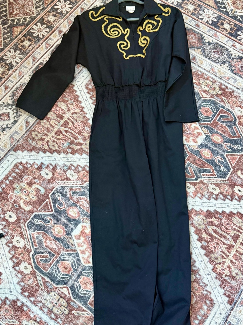 Vintage Black Jumpsuit with Gold Embroidered Neckline